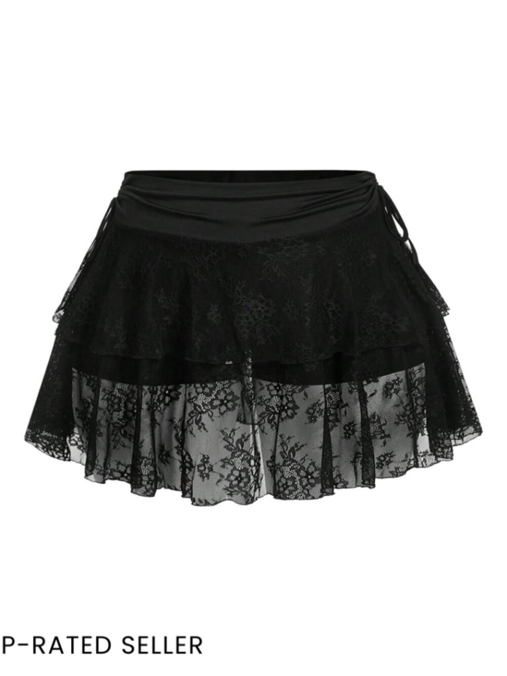 Y2K Lace Sheer A-Line Mini Skirt Ruched Tiered Layered Drawstring Ruffle